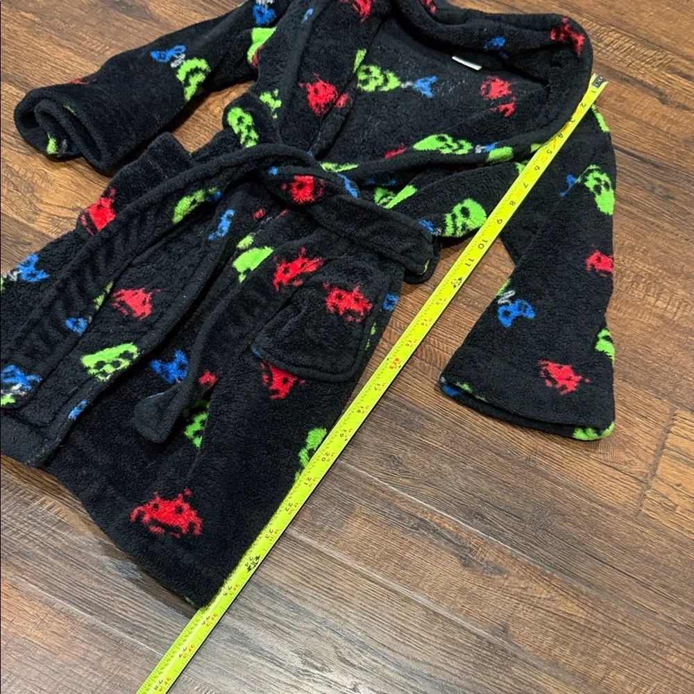 Kids Black Plush Bathrobe with Neon Skull Print